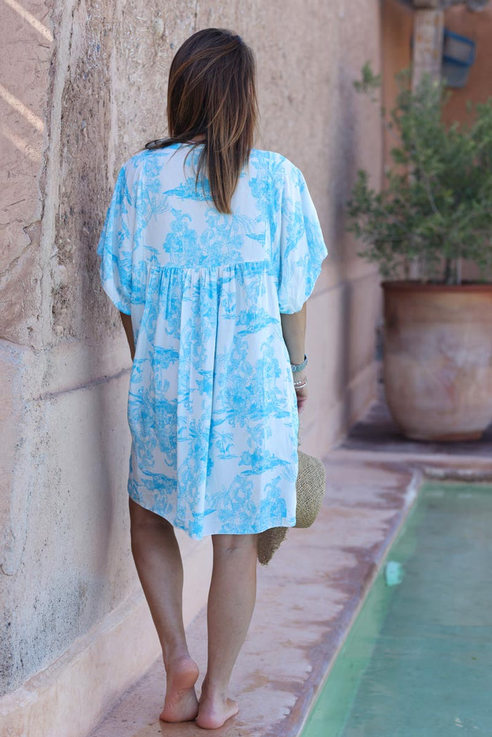 Robe fluide imprimé toile de jouy bleu azur Horizons Lointains