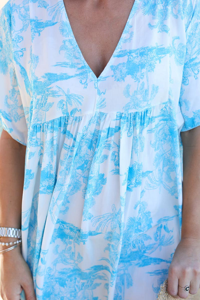 Robe fluide imprimé toile de jouy bleu azur Horizons Lointains