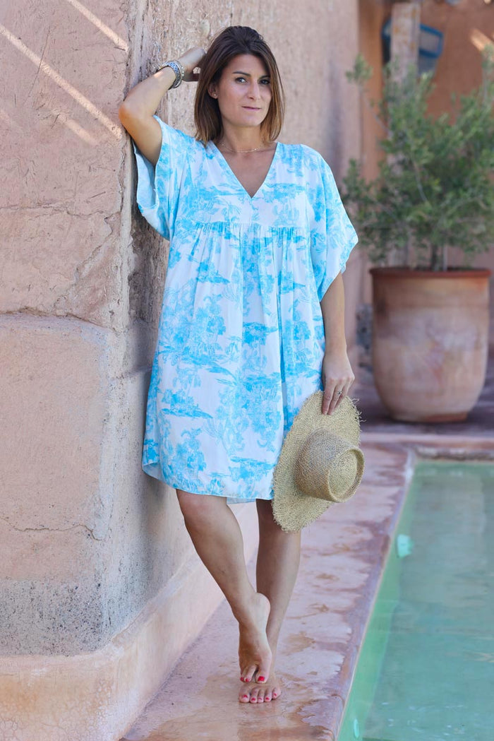 Robe fluide imprimé toile de jouy bleu azur Horizons Lointains