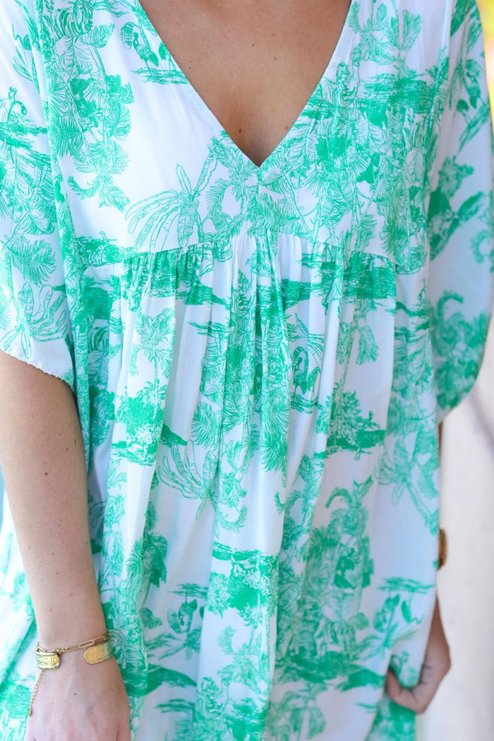 Robe fluide imprimé toile de jouy vert Horizons Lointains