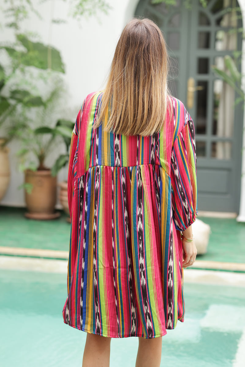 Oversized floaty short dress with striped multicolour glitch pattern
