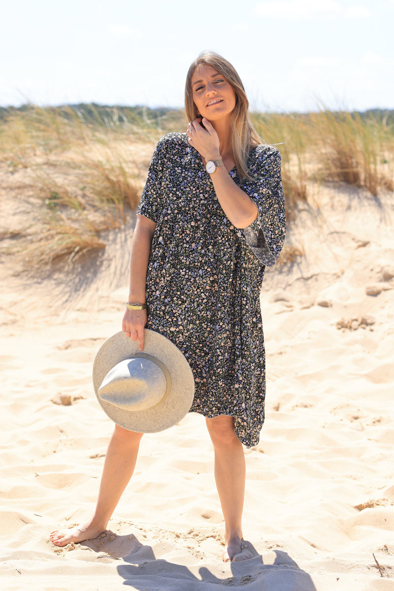 Vestido fluido negro con estampado Liberty pastel Jeanne