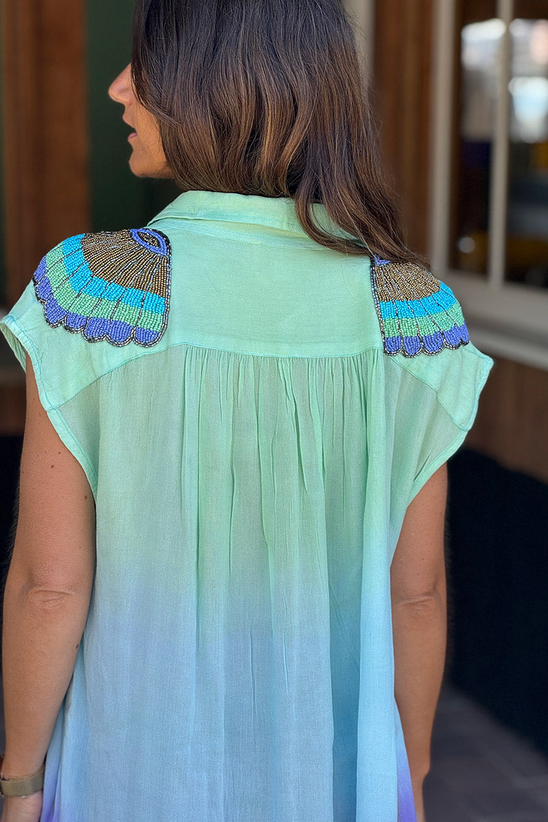 Green Dip-Dye Dress with Beaded Epaulettes