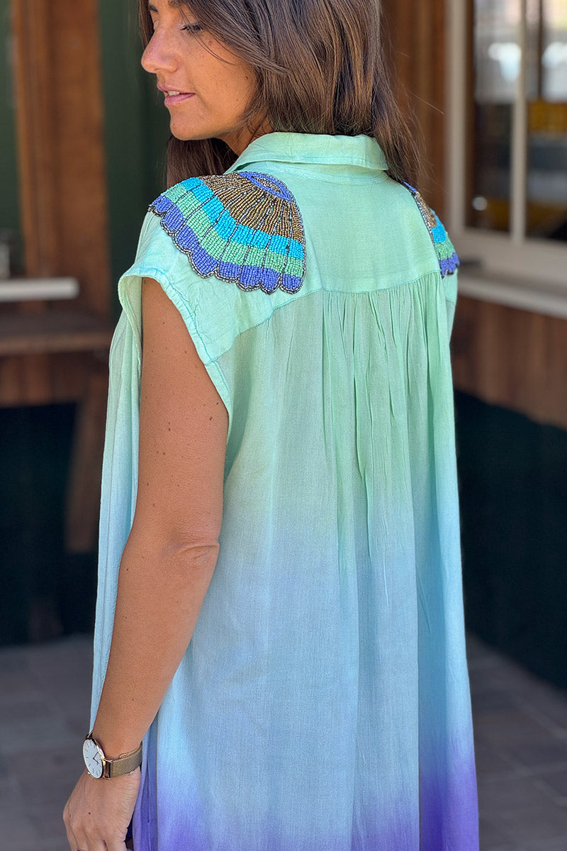 Green Dip-Dye Dress with Beaded Epaulettes