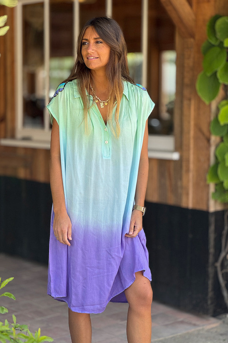 Green Dip-Dye Dress with Beaded Epaulettes