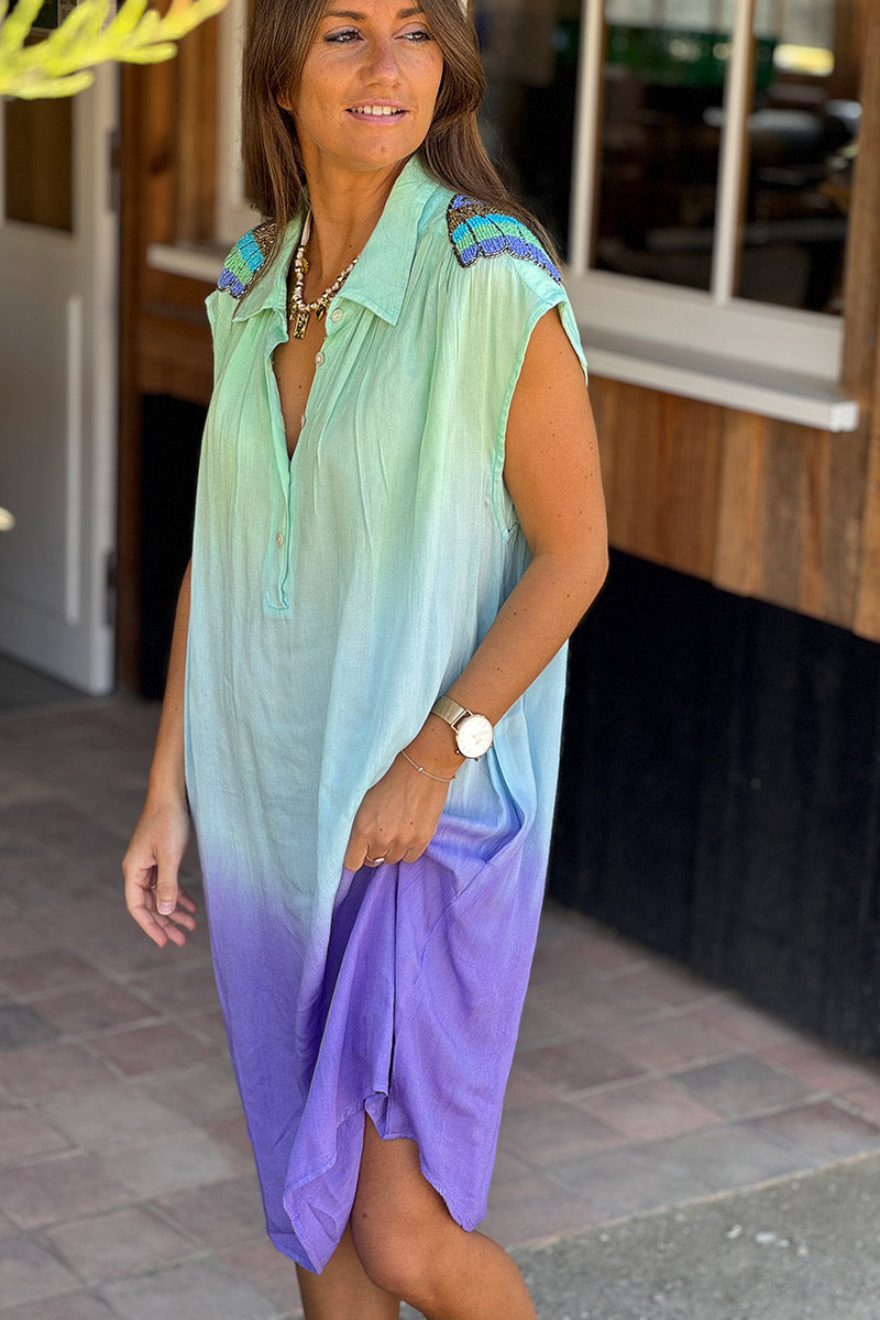 Green Dip-Dye Dress with Beaded Epaulettes