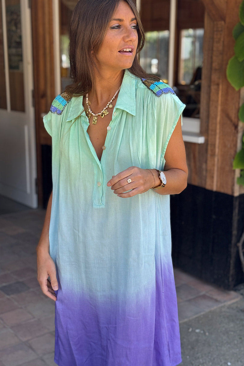 Green Dip-Dye Dress with Beaded Epaulettes