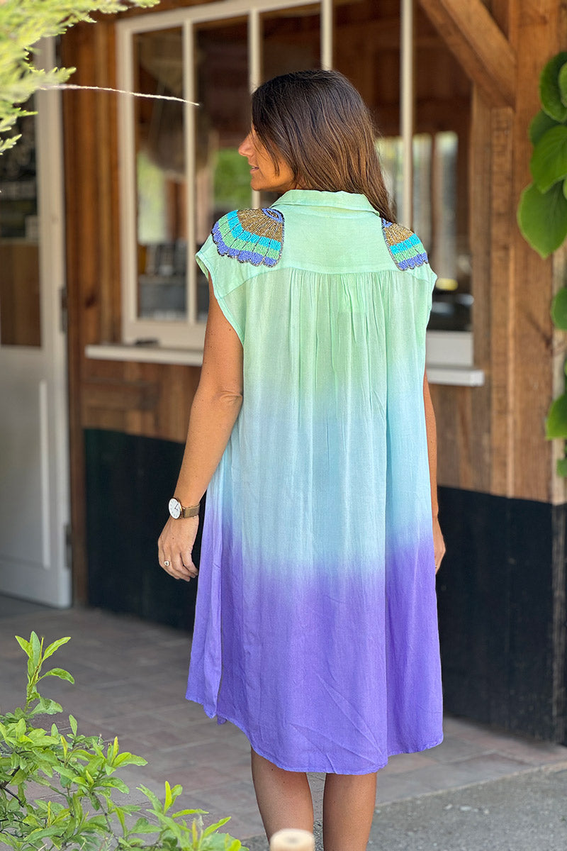 Green Dip-Dye Dress with Beaded Epaulettes