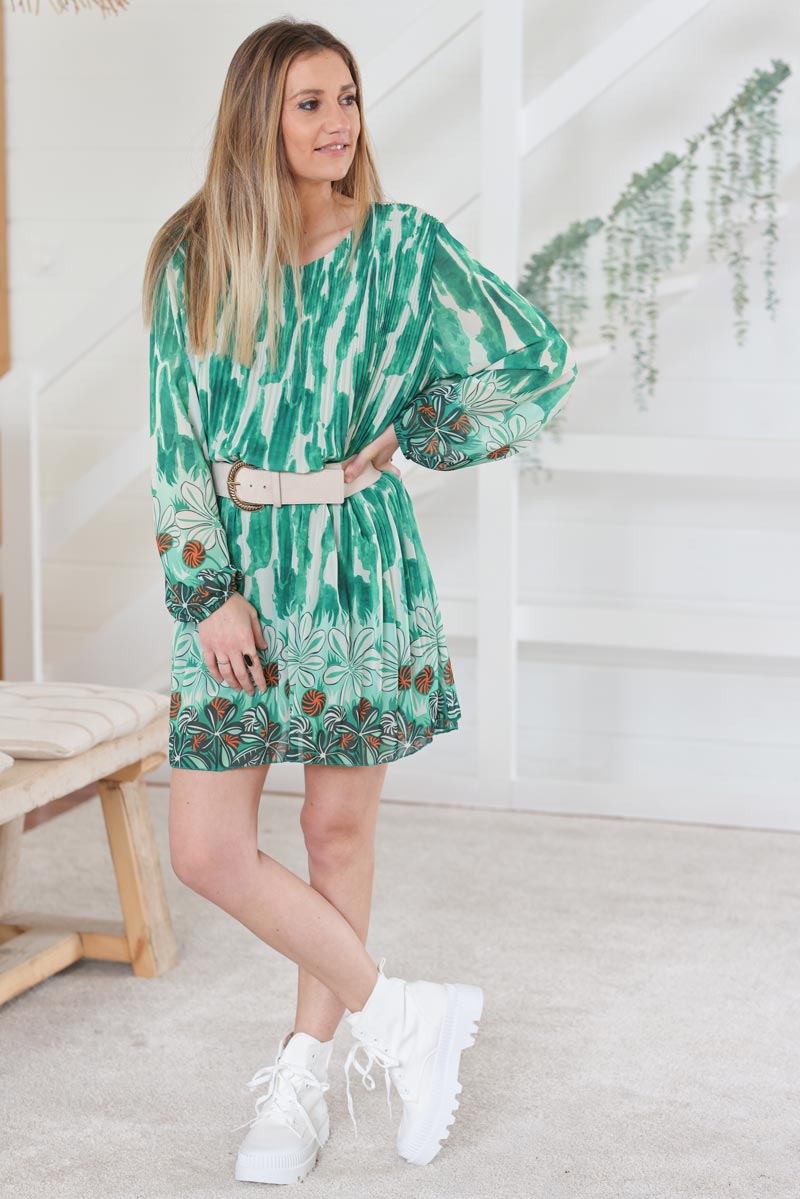 Floral green watercolour floaty pleated short dress Horizons