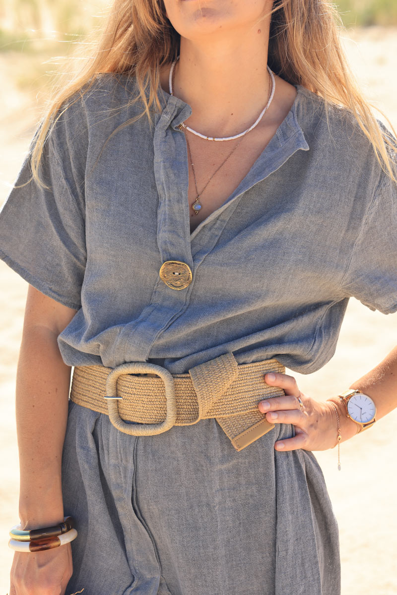 Faded grey woven style cotton dress with large metal button