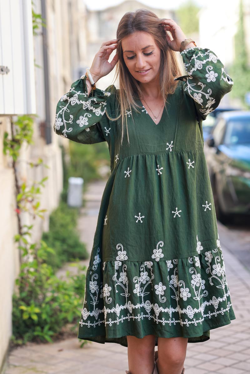 Khaki midi dress with flower and star embroidery