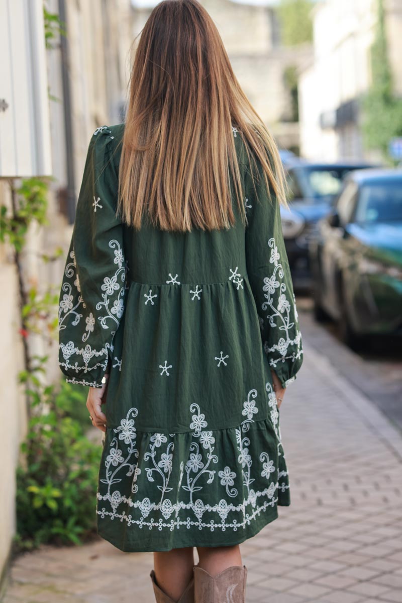 Khaki midi dress with flower and star embroidery