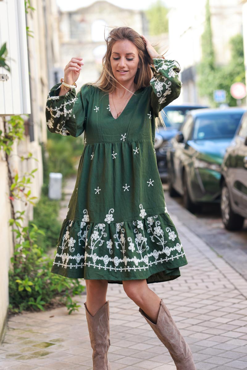 Khaki midi dress with flower and star embroidery