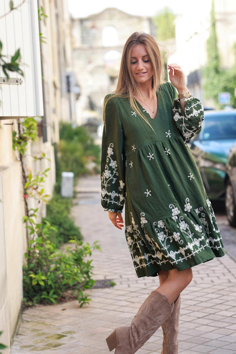 Khaki midi dress with flower and star embroidery