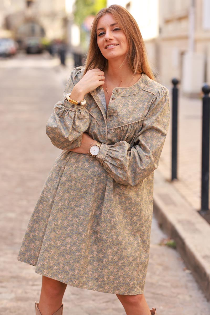 Khaki liberty paisley print smock dress