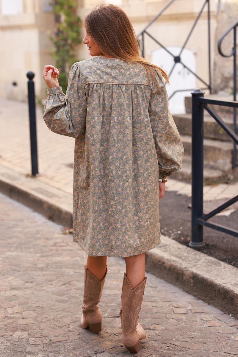 Khaki liberty paisley print smock dress