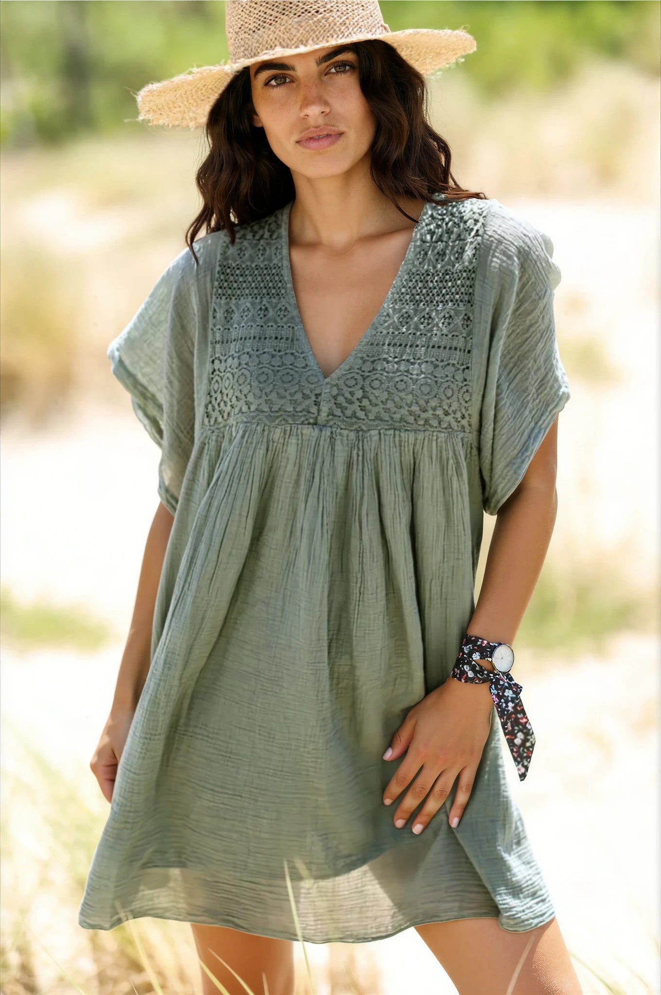 Olive Floaty Cotton Dress with Lace Top