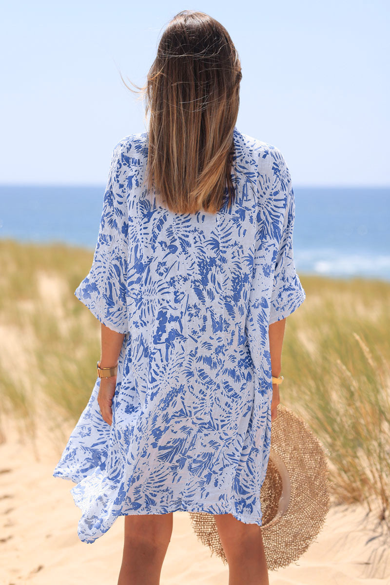 Robe large en coton col V imprimé des iles bleu