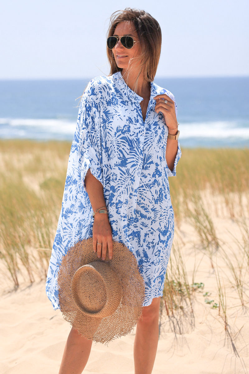 Robe large en coton col V imprimé des iles bleu