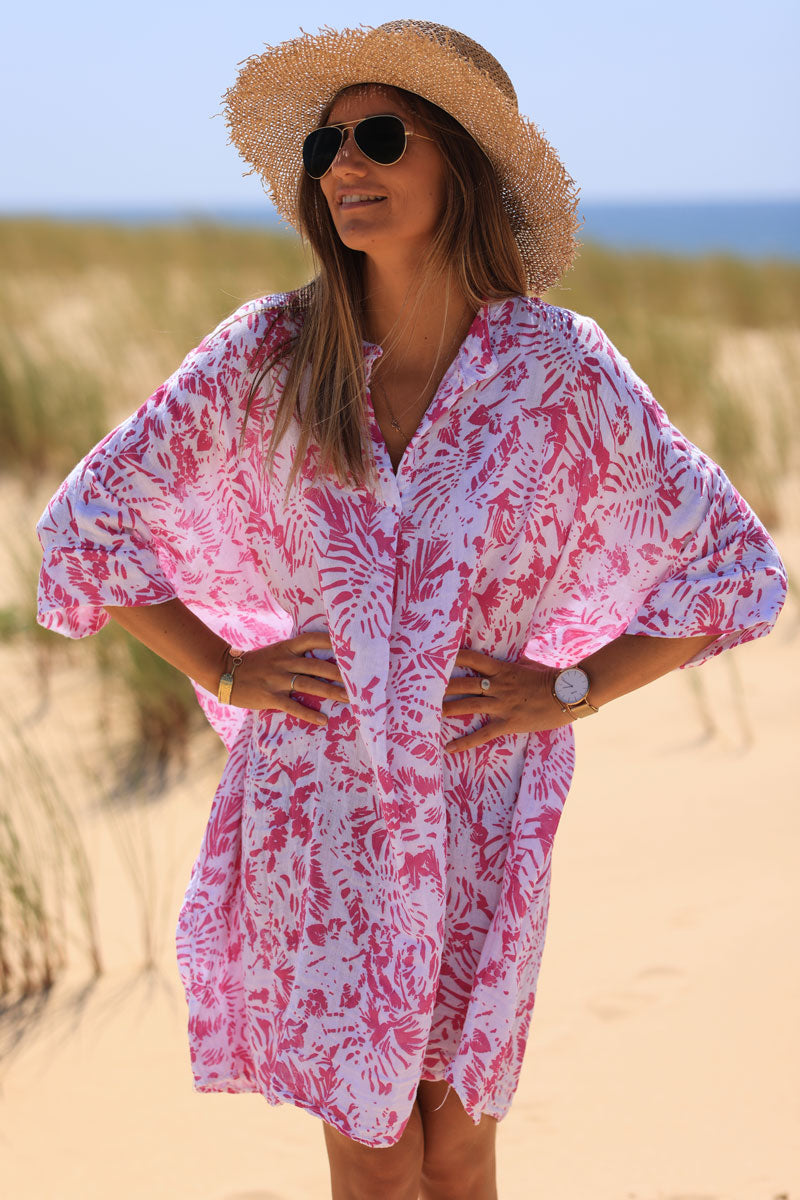 Robe large en coton col v imprimé des iles fuchsia