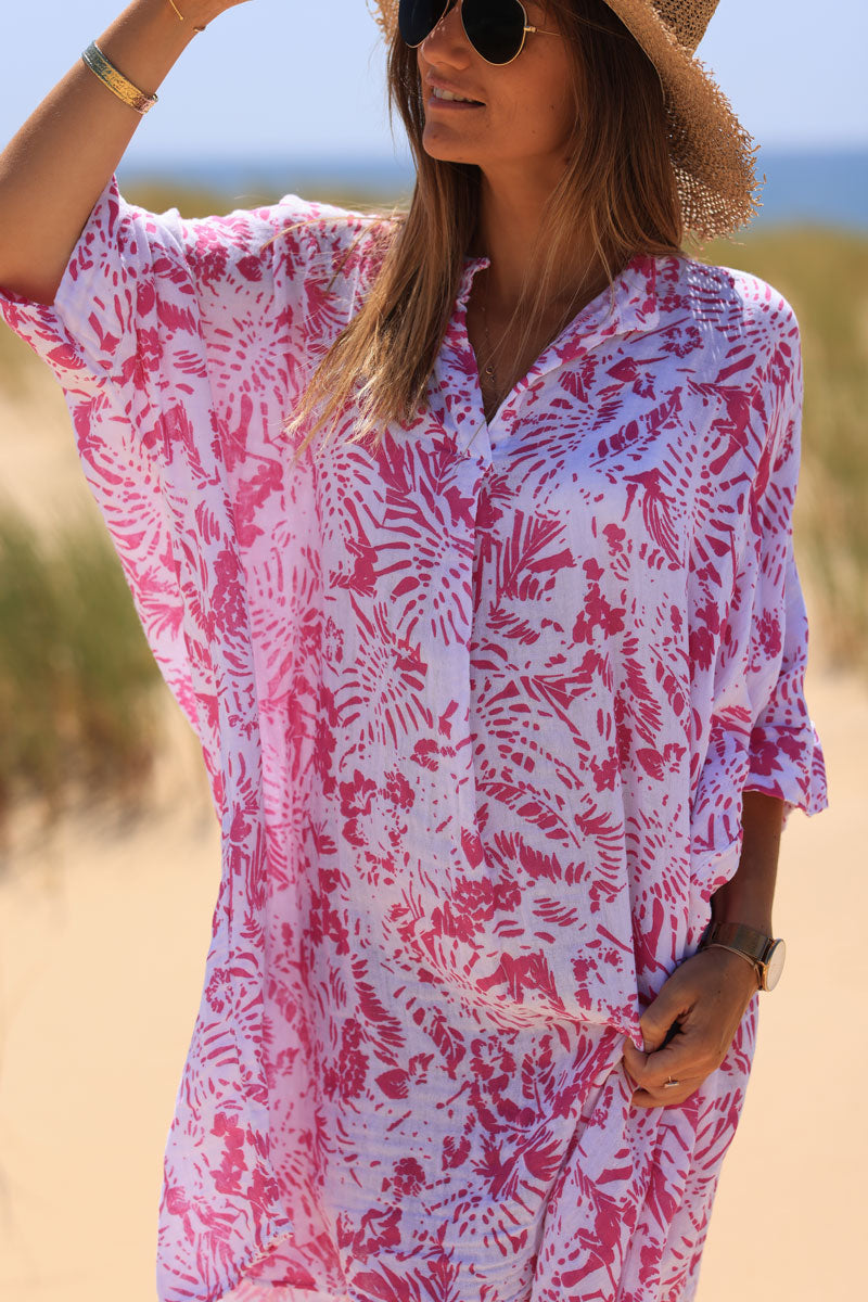 Robe large en coton col v imprimé des iles fuchsia