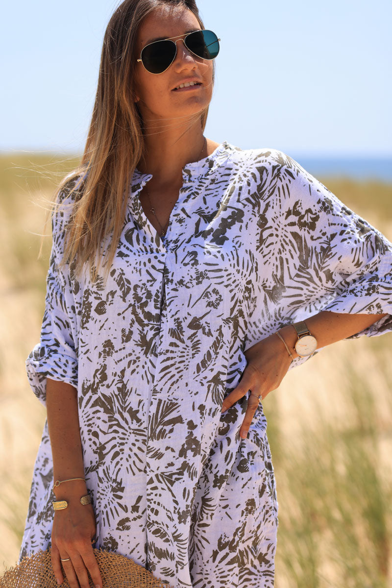 Relaxed fit khaki island print cotton dress