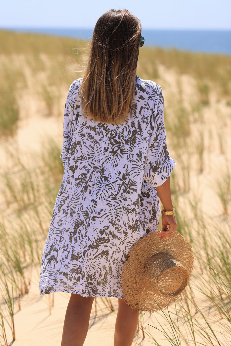 Vestido amplio de algodón con cuello de pico y estampado de islas caqui