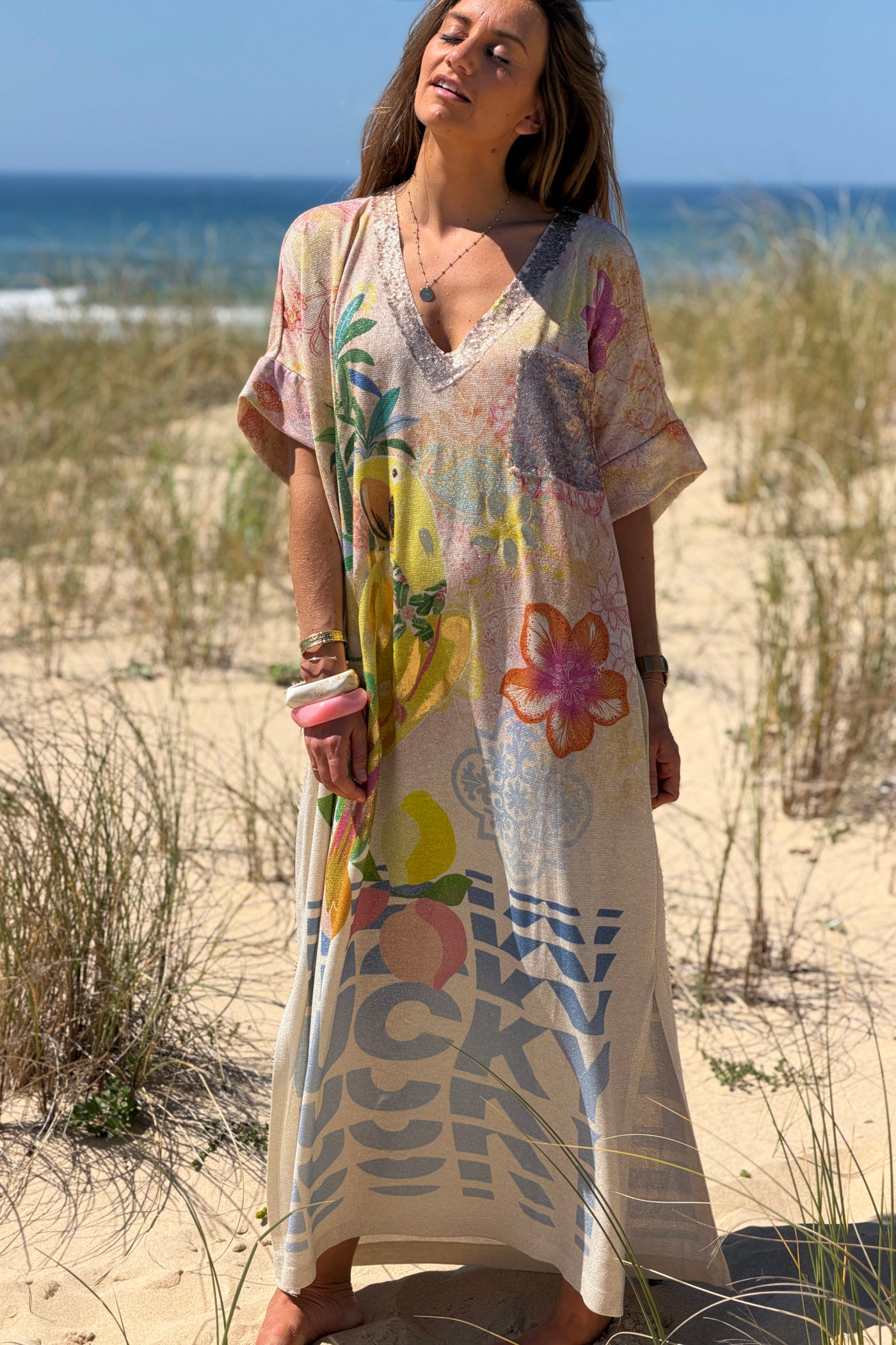 Robe large et brillante imprimé perroquet coloré Lucky col et poches sequins