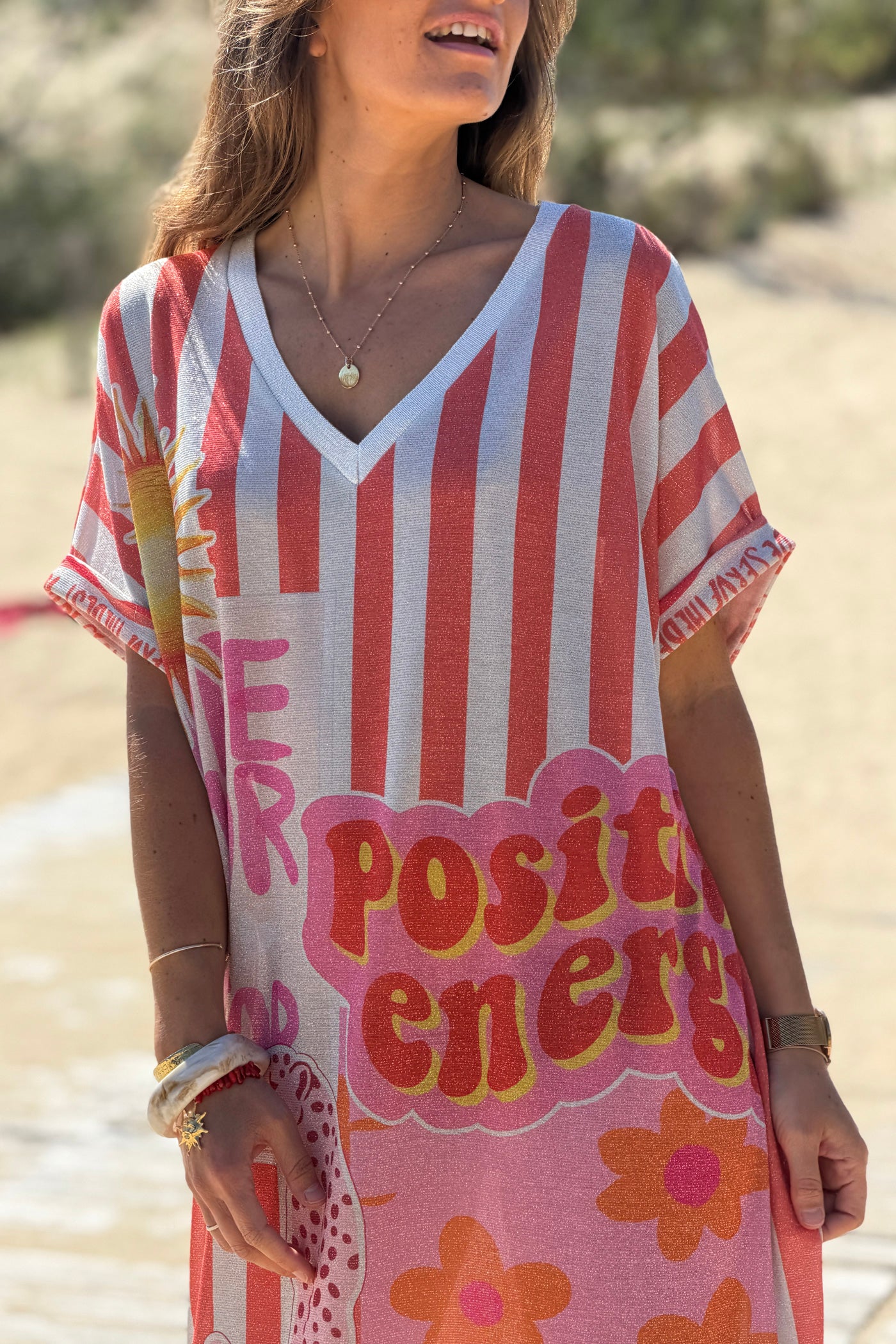 Pink Stripe “Positive Energy” Glitter Knit Beach Dress