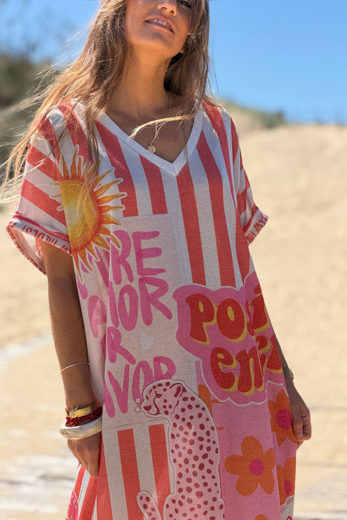 Pink Stripe “Positive Energy” Glitter Knit Beach Dress