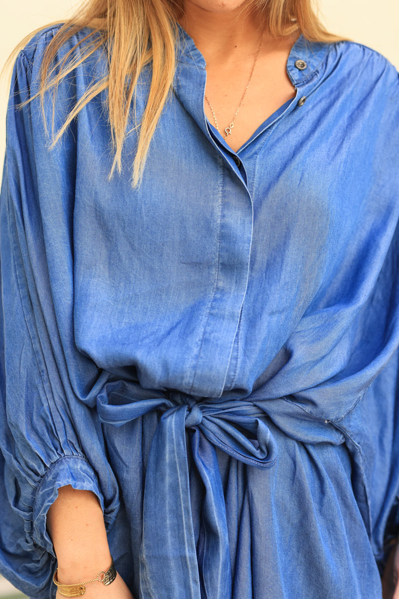 Blue tencel denim shirt dress with balloon sleeves and fabric belt