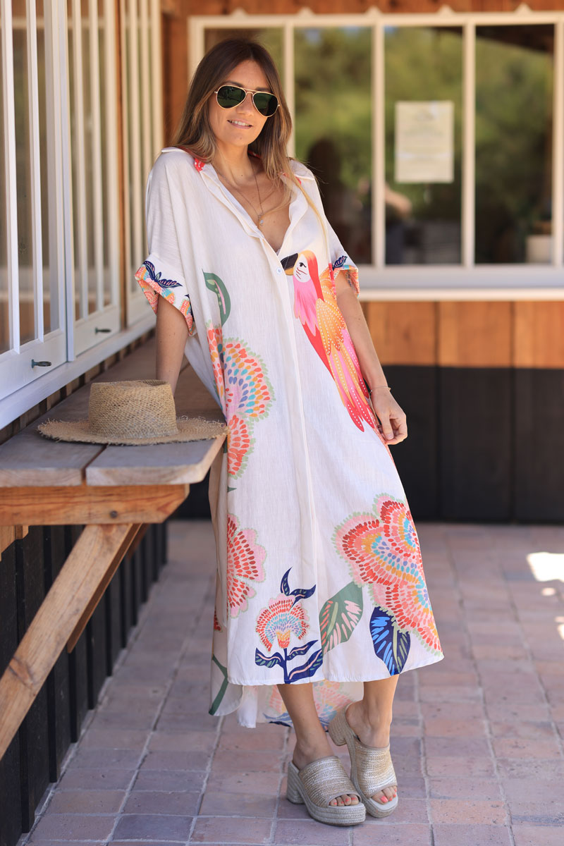 Ecru floaty midi dress with colourful flower and parrot print