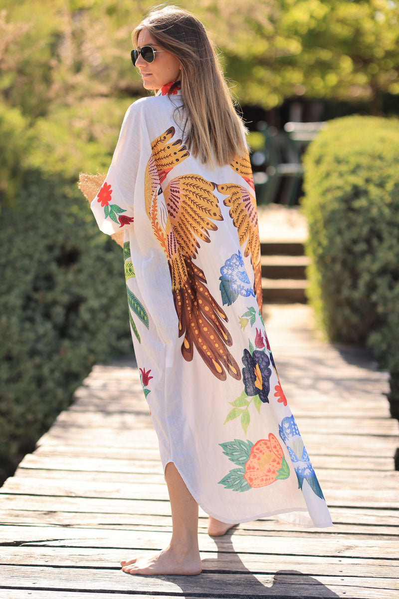 Ecru floaty midi dress with colourful tropical print