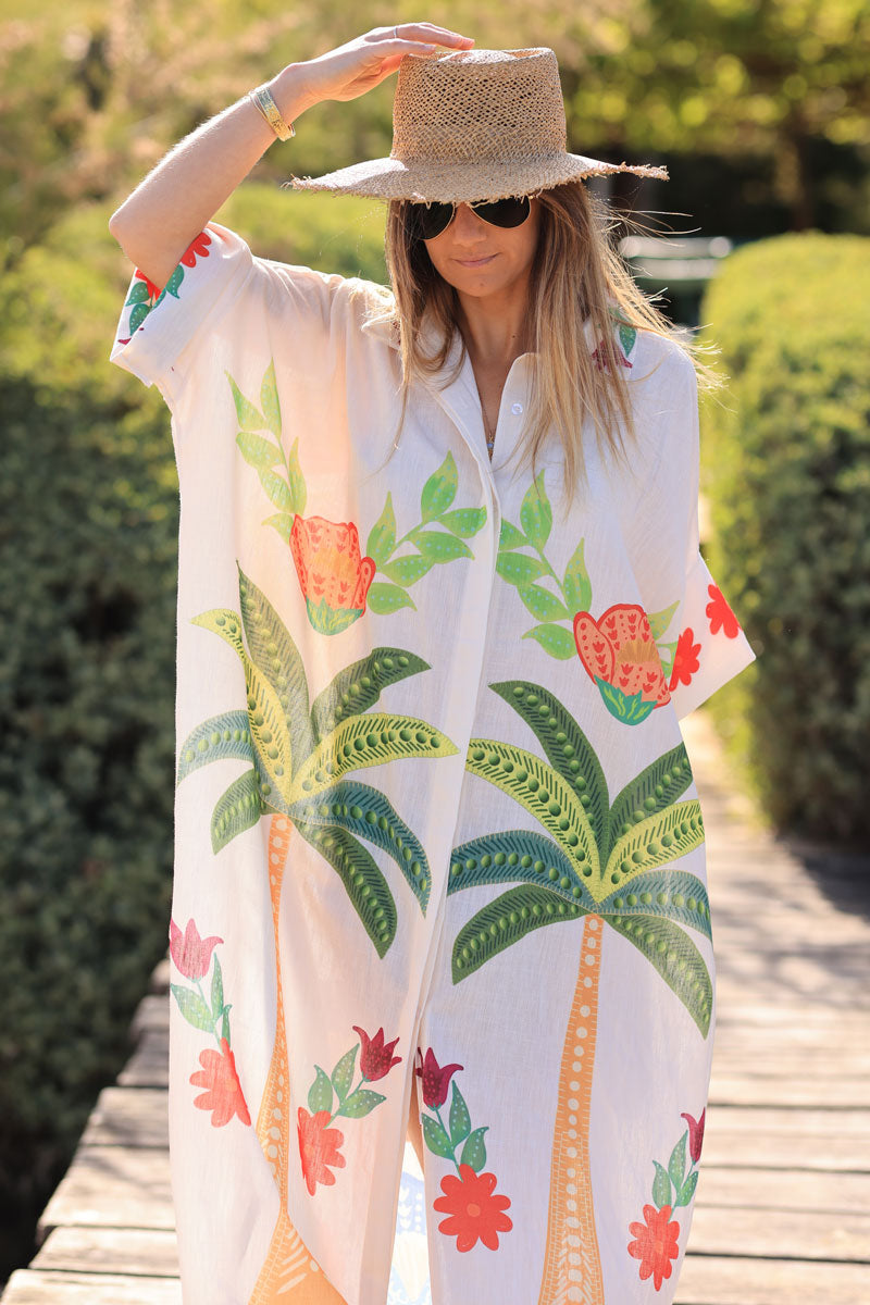 Ecru floaty midi dress with colourful tropical print