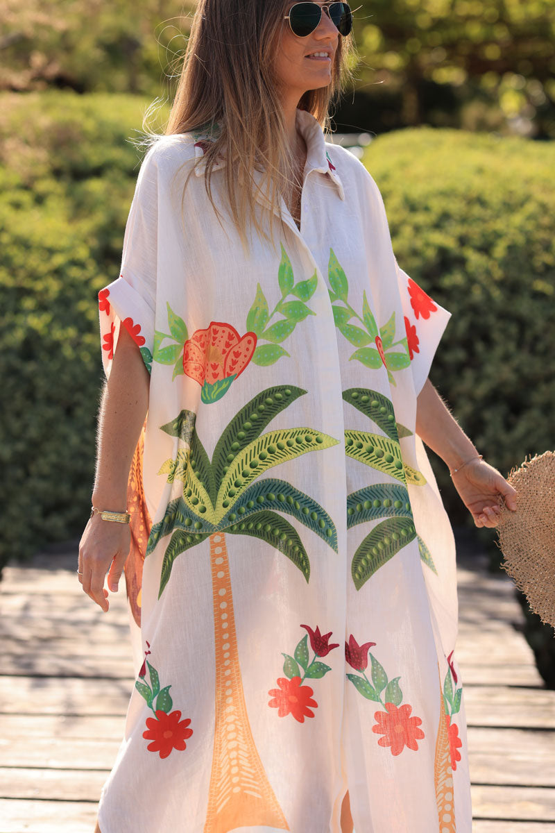 Ecru floaty midi dress with colourful tropical print