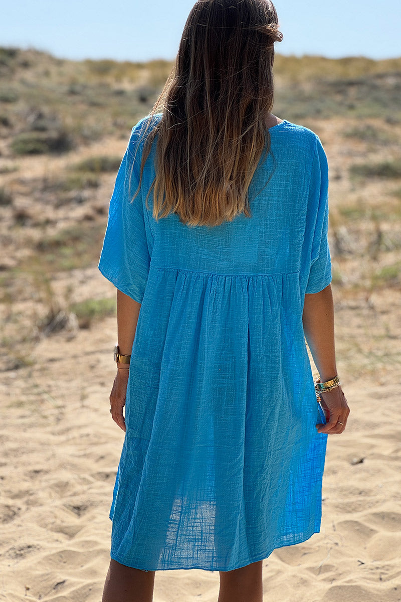 Blue Floral Embroidered Gauze V-Neck Mini Dress