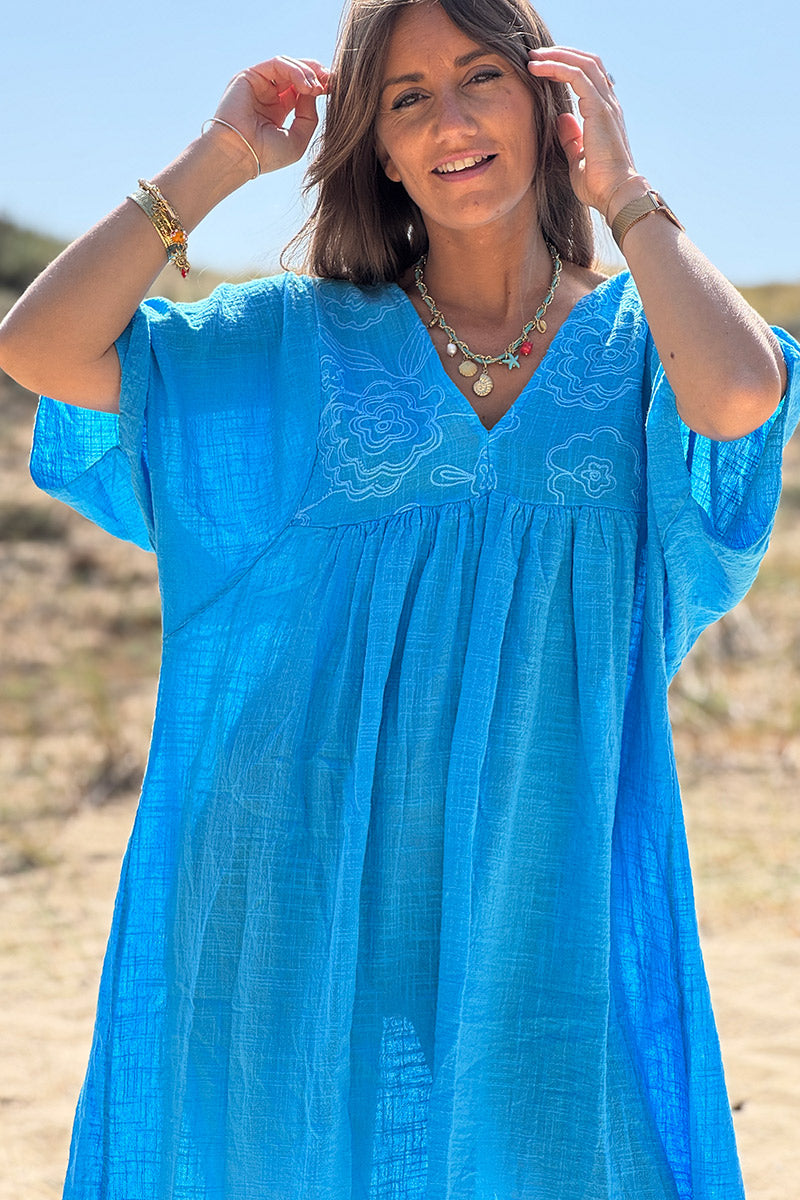 Blue Floral Embroidered Gauze V-Neck Mini Dress