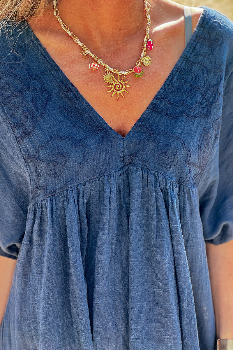 Navy blue Floral Embroidered Gauze V-Neck Mini Dress