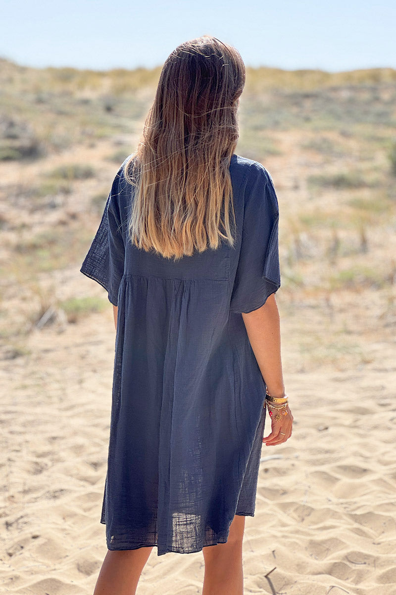 Navy blue Floral Embroidered Gauze V-Neck Mini Dress