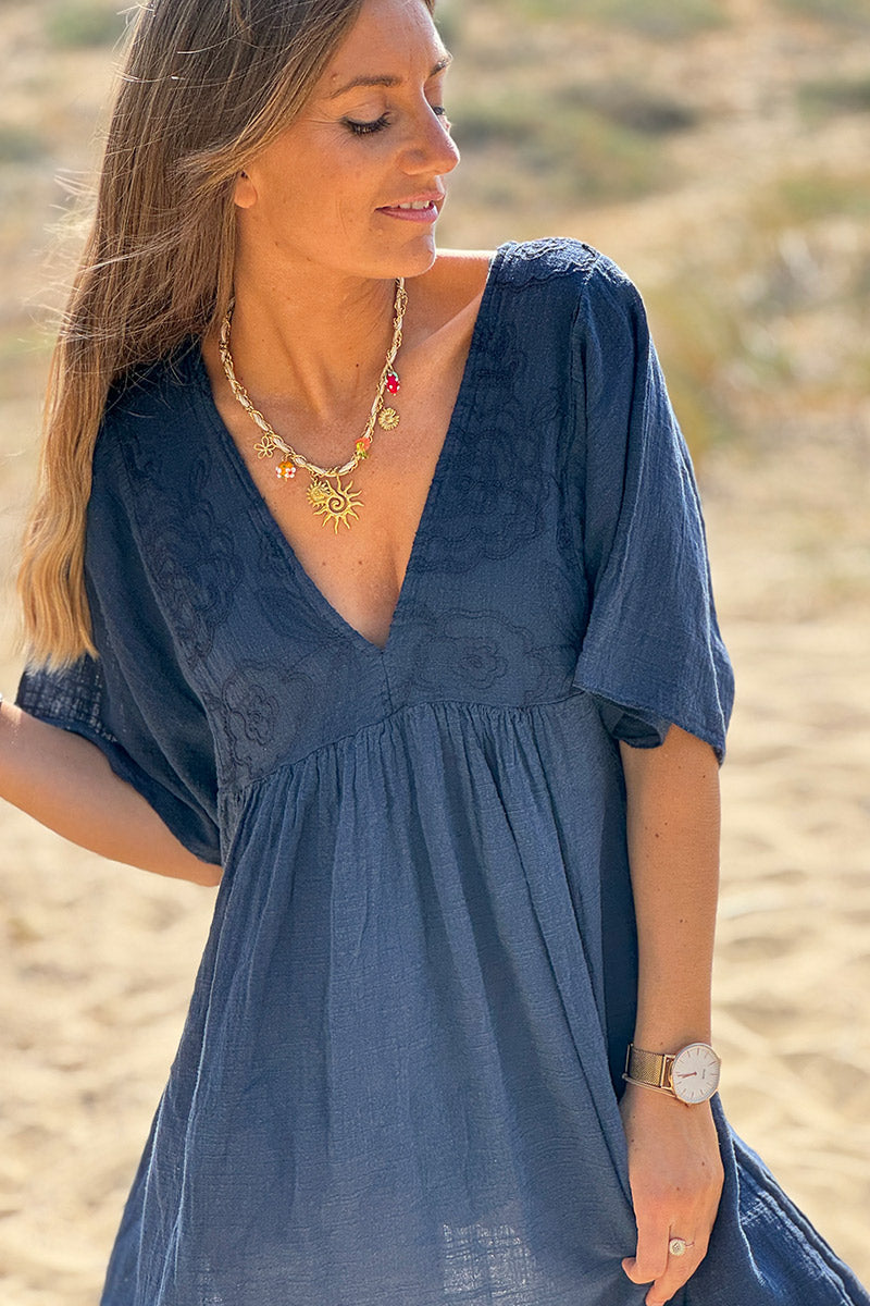 Navy blue Floral Embroidered Gauze V-Neck Mini Dress
