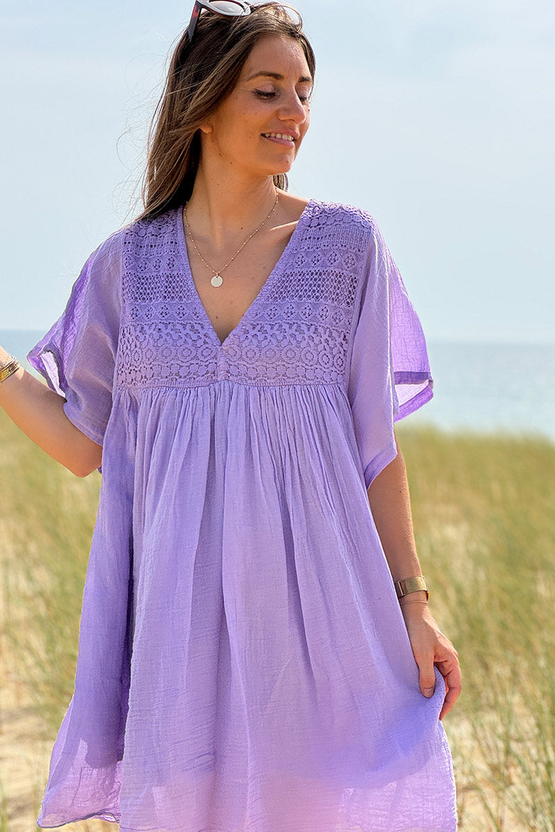 Robe lilas légère voile de coton haut dentelle