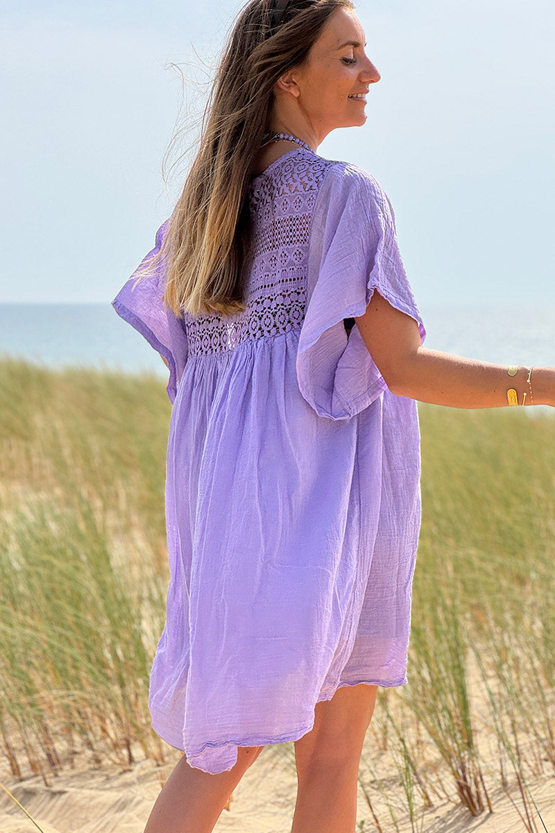 Robe lilas légère voile de coton haut dentelle