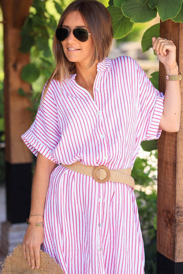 Pink Striped Cotton Gauze Maxi Dress with Raffia style Belt - Horizons ...