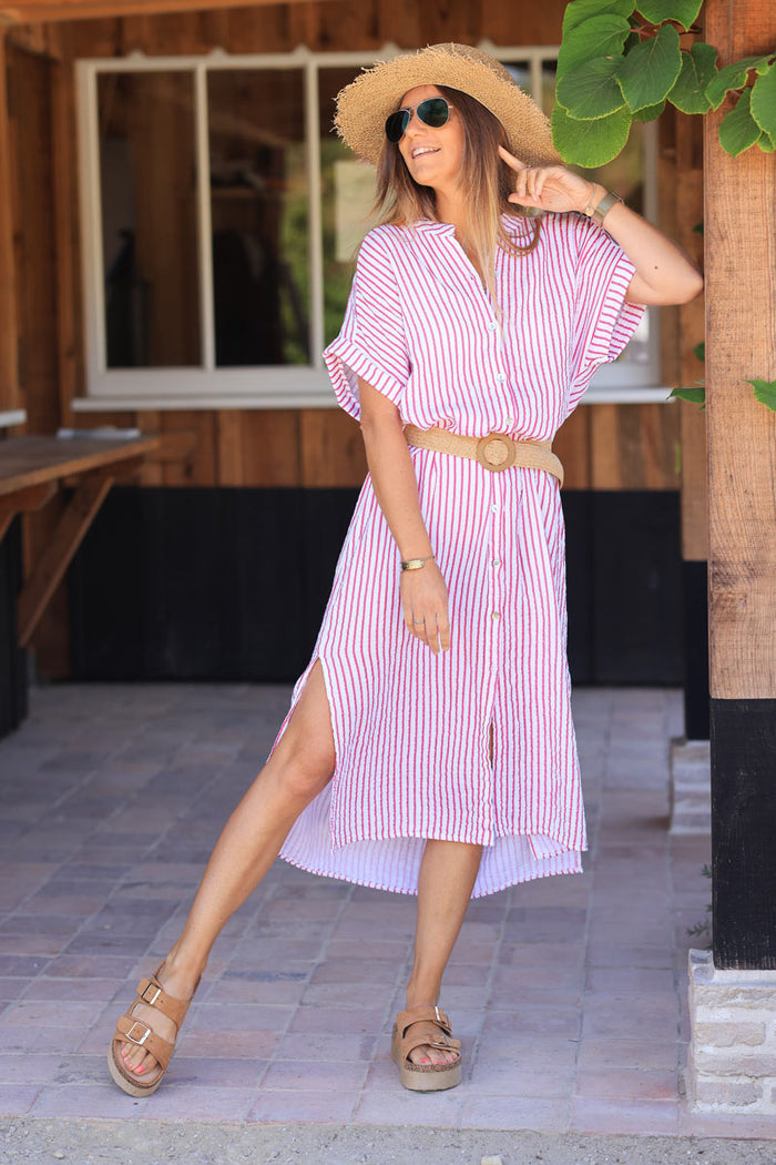 Pink Striped Cotton Gauze Maxi Dress with Raffia style Belt - Horizons ...