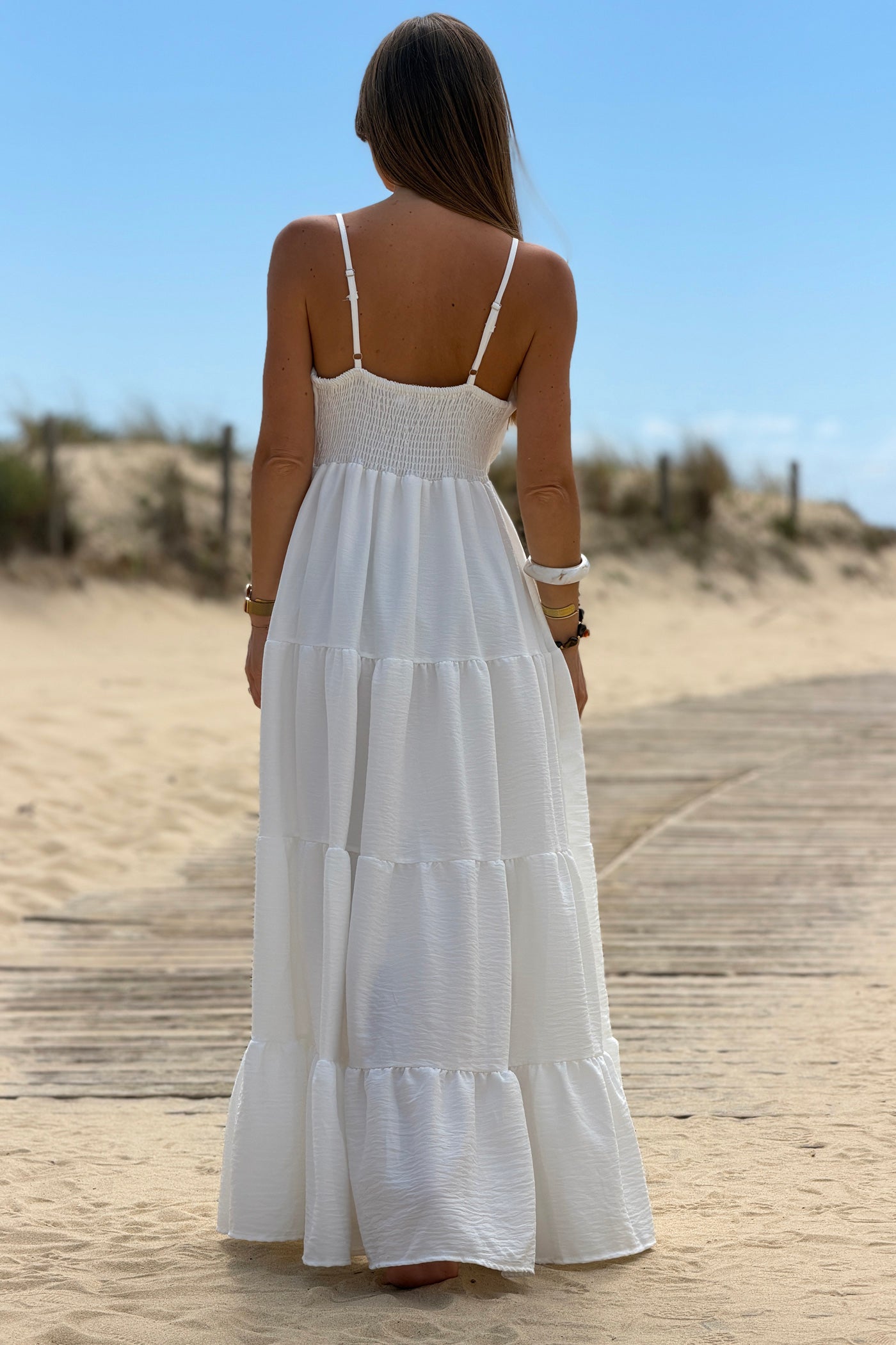 White Tiered Goddess Maxi Dress with Golden Sun Brooch