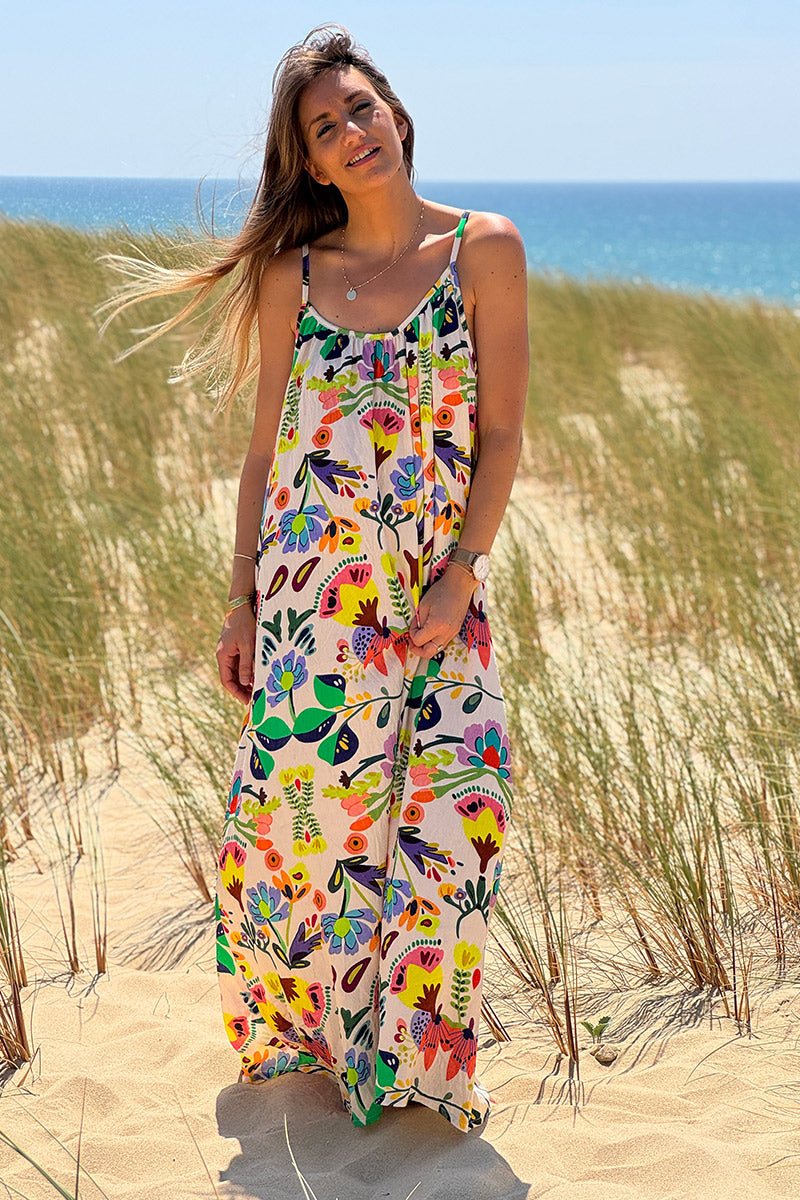 Robe longue à bretelles confort et légère motifs fleurs multicolores
