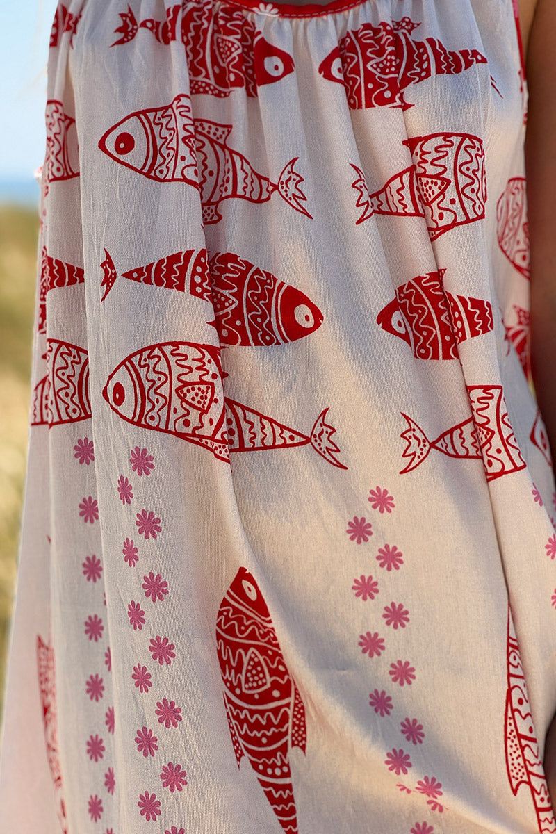Robe longue à bretelles confort et légère motifs sardines rouges