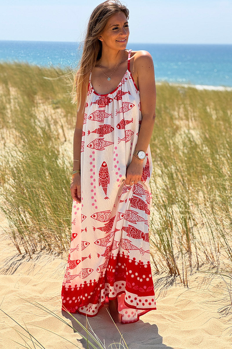 Robe longue à bretelles confort et légère motifs sardines rouges