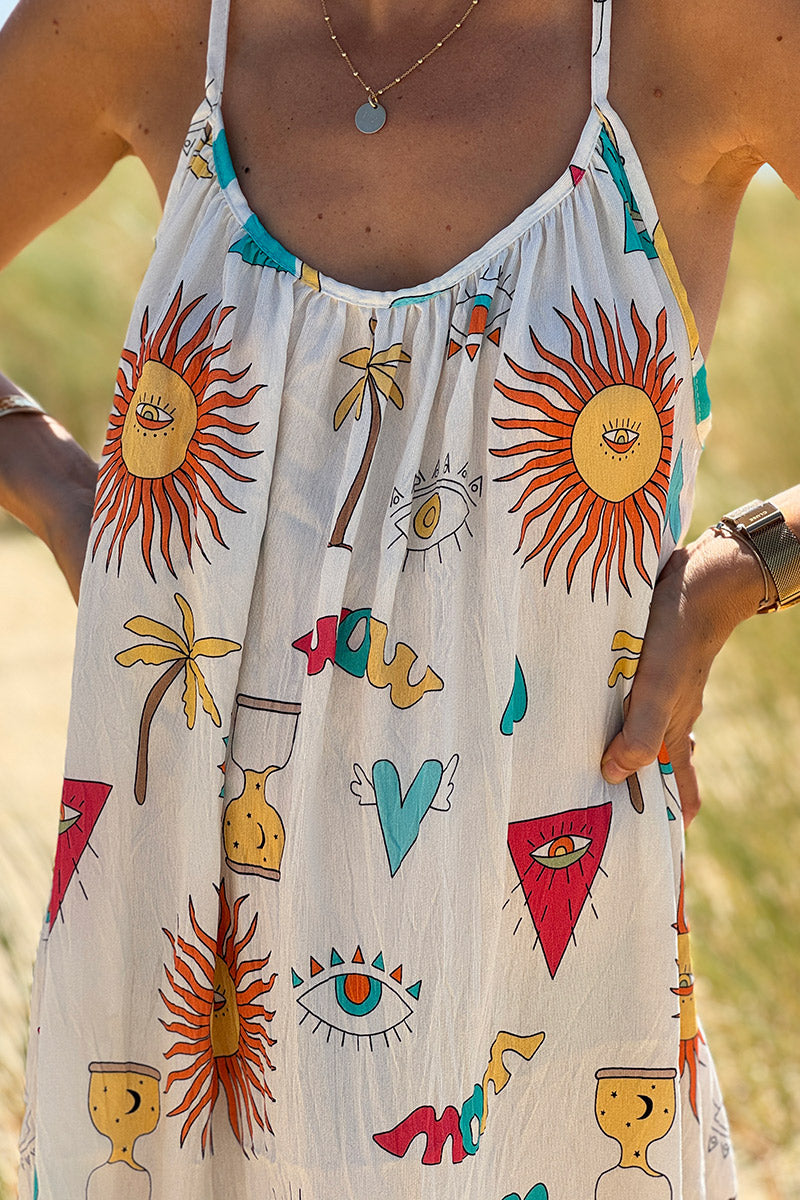 Robe longue à bretelles confort et légère motifs symboles d'été turquoise soleil