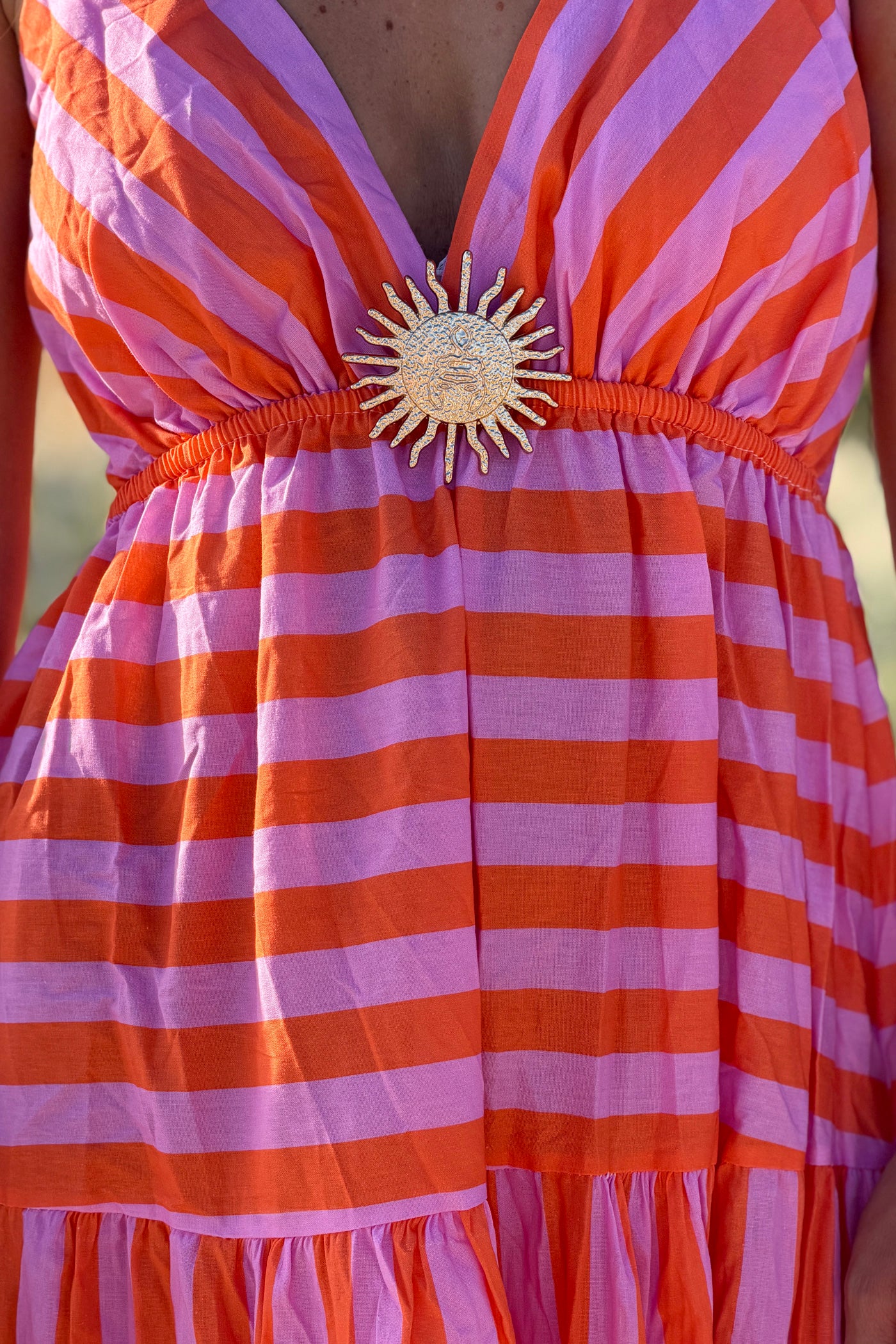 Orange Stripe Sun Brooch Maxi Dress
